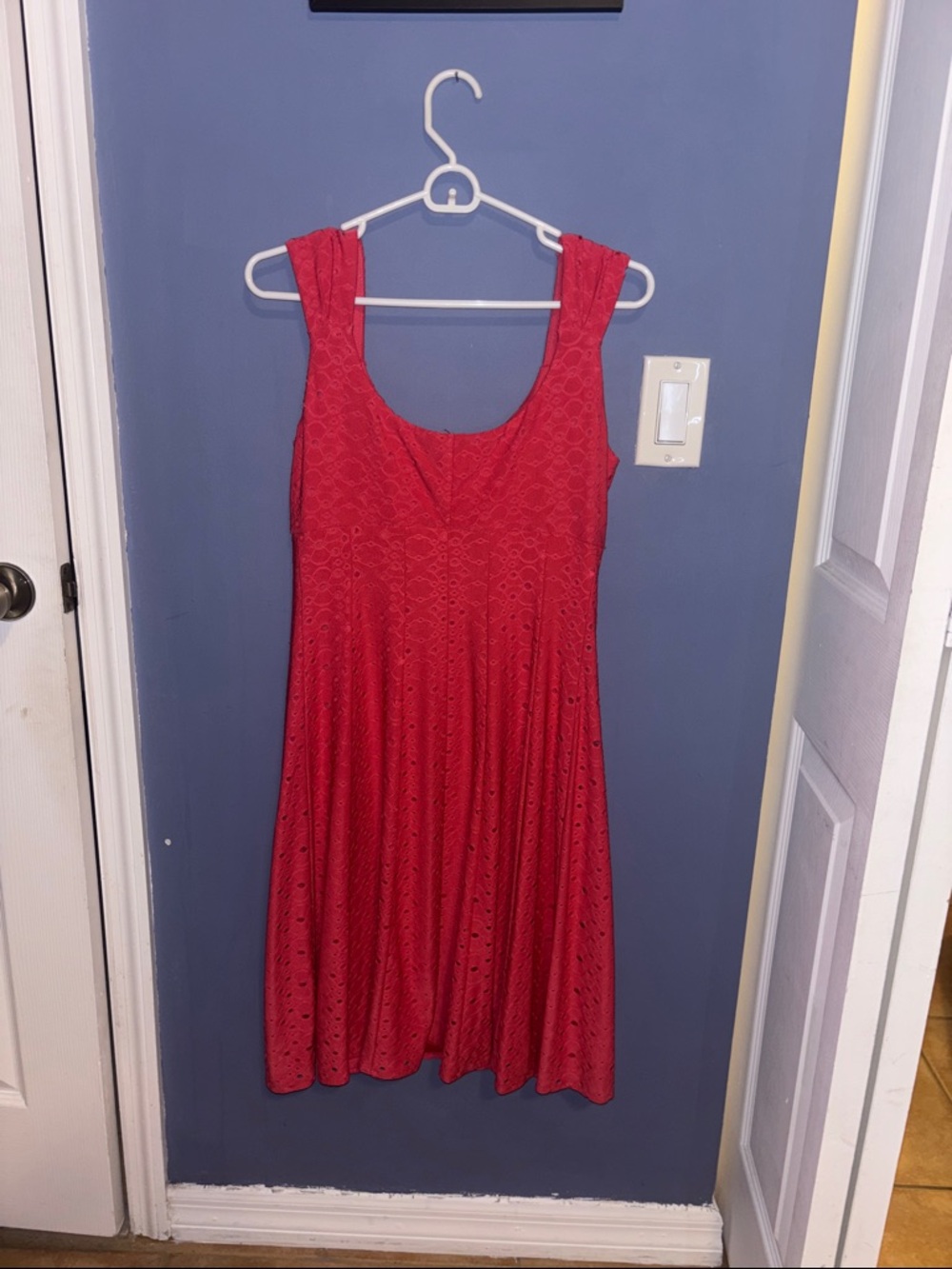 London Times Red Eyelet Sleeveless Fit & Flare Midi Dress - Picture 4 of 8